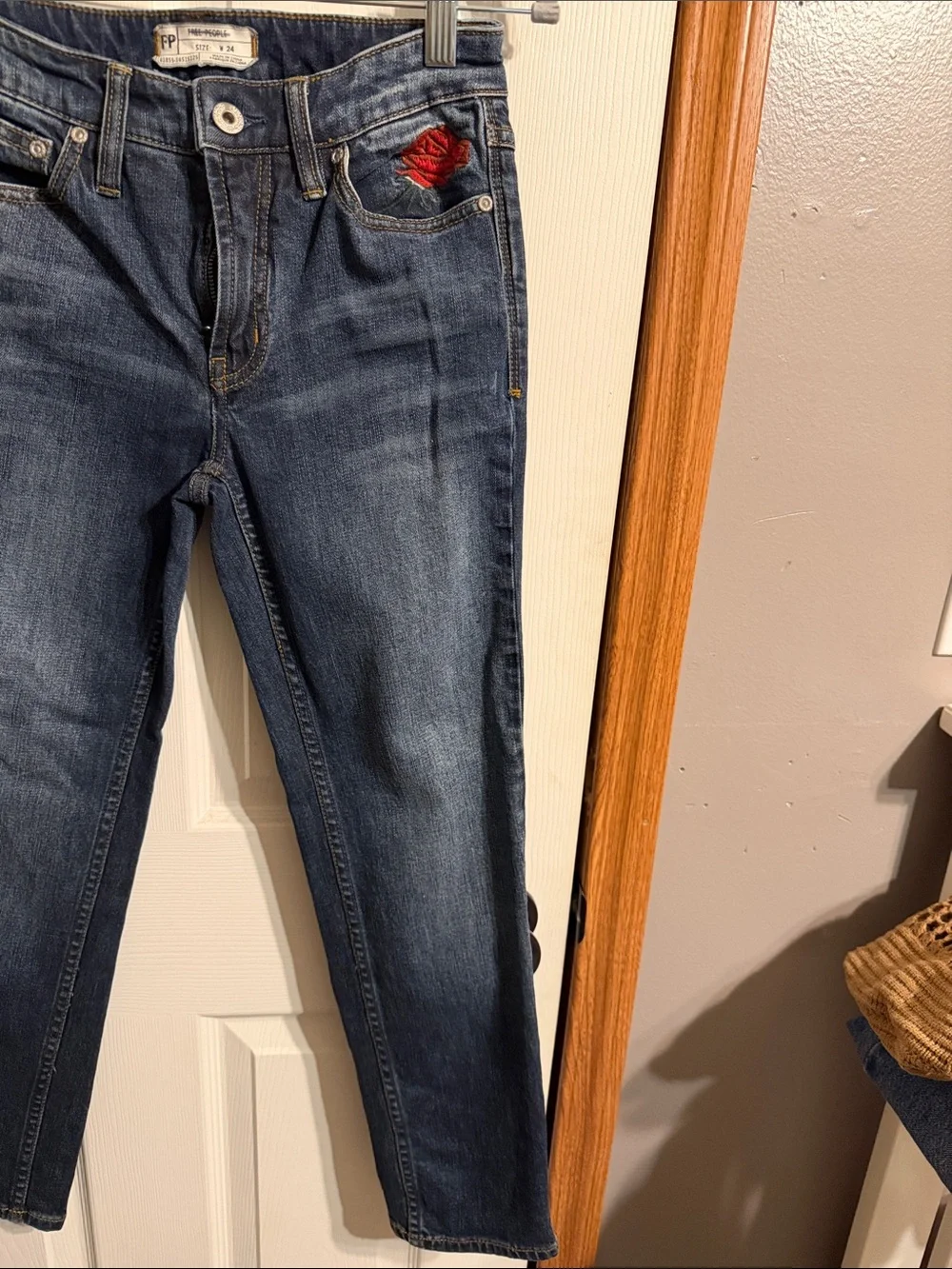 Vintage Embroidered Free People Dark Blue Denim Jeans with Red Rose Patch